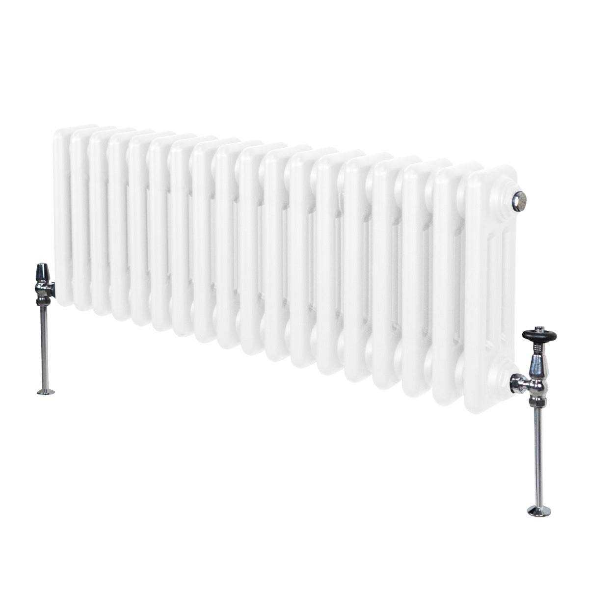 Traditioneller 3-Spalten-Heizkörper in Weiß, 300 x 832 mm, mit glatter, glänzender Oberfläche und zwei seitlichen Ventilen für einfache Installation