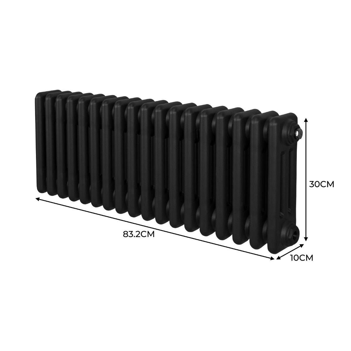 Traditioneller 3-Spalten-Heizkörper in Schwarz, 300 x 832 mm, mit glatter Oberfläche und robustem Design, ideal für moderne und klassische Innenräume