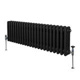 Traditioneller 3-Spalten-Heizkörper in Schwarz, 300 x 1012 mm, mit glatter Oberfläche und robusten Metallfüßen für effiziente Wärmeverteilung