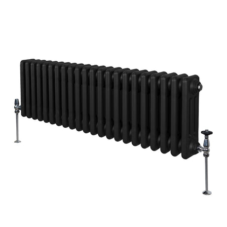 Traditioneller 3-Spalten-Heizkörper in Schwarz, 300 x 1012 mm, mit glatter Oberfläche und robusten Metallfüßen für effiziente Wärmeverteilung