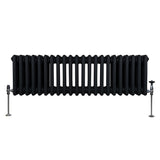 Traditioneller 3-Spalten-Heizkörper in Schwarz, 300 x 1012 mm, mit glatter Oberfläche und robusten Metallfüßen für effiziente Wärmeabgabe
