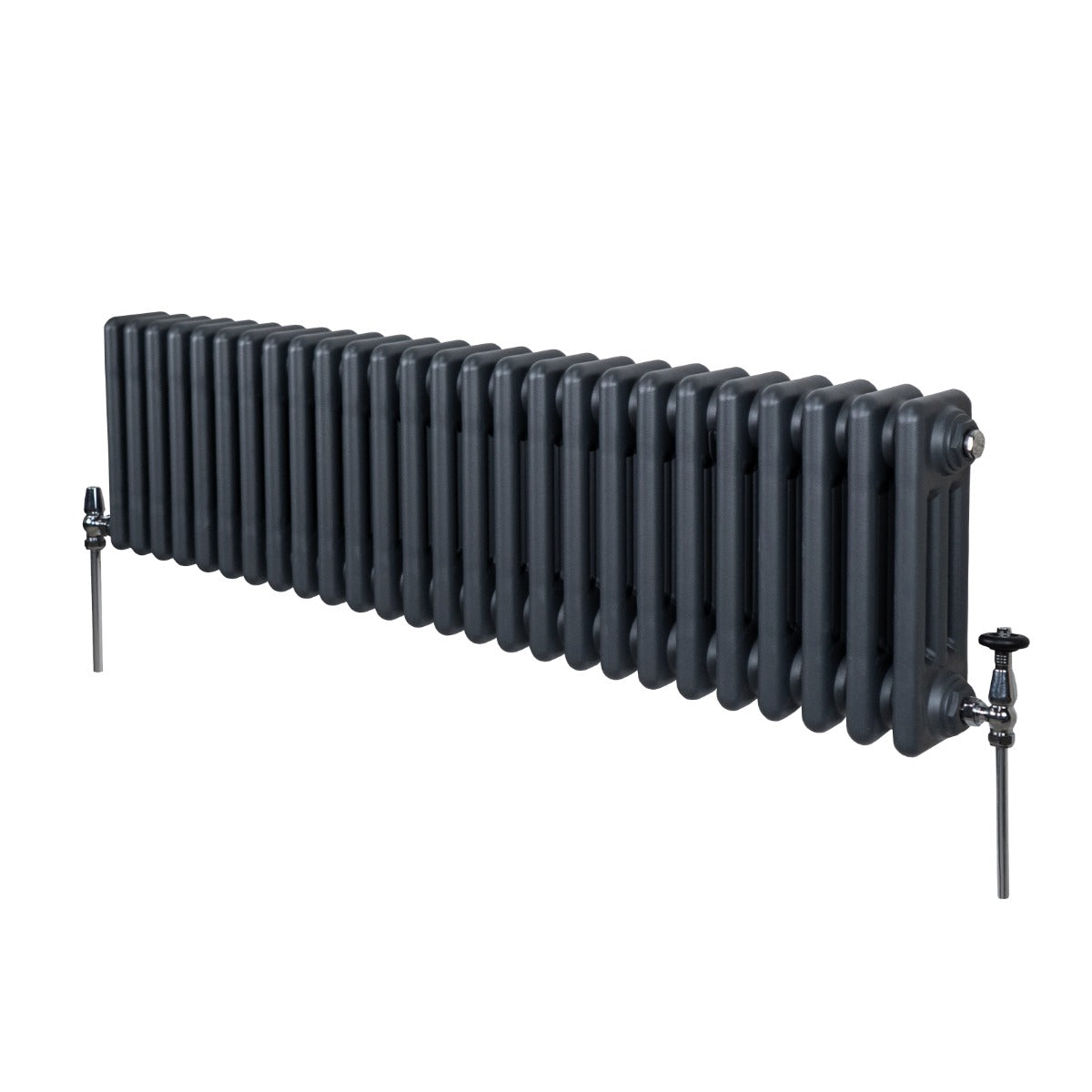 Traditioneller 3-Spalten-Heizkörper in Anthrazitgrau, 300 x 1192 mm, mit runden, glatten Oberflächen und seitlichen Ventilen für effiziente Wärmeverteilung