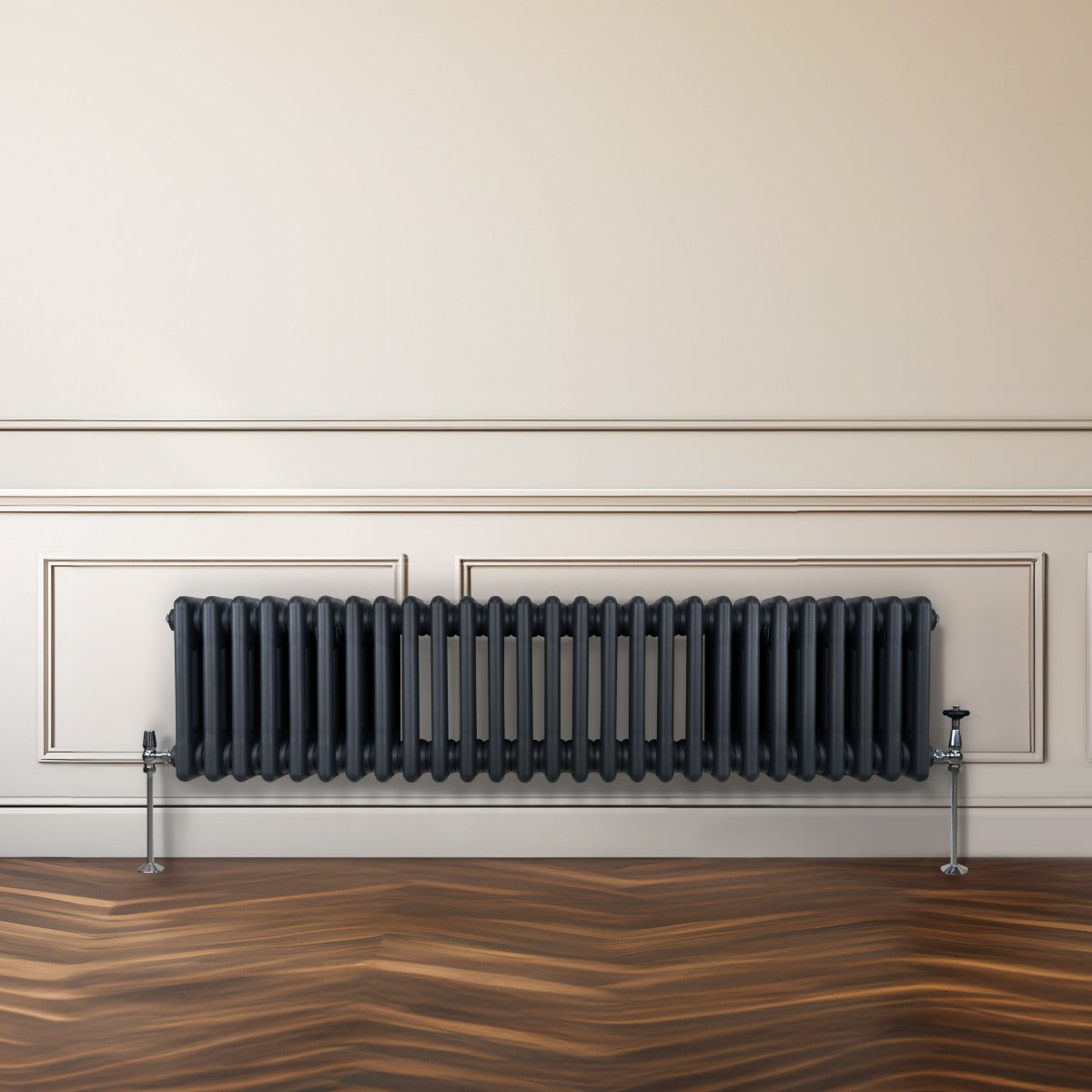 Traditioneller 3-Spalten-Heizkörper in Anthrazitgrau, 300 x 1192 mm, mit glatter Oberfläche und eleganten, runden Formen, ideal für moderne Innenräume