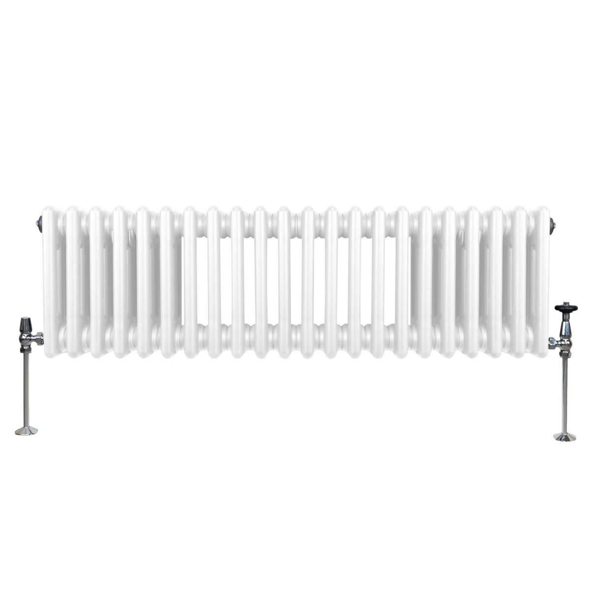 Traditioneller 3-Spalten-Heizkörper in Weiß, 300 x 1192 mm, mit glatter Oberfläche und verchromten Ventilen, ideal für effiziente Wärmeverteilung