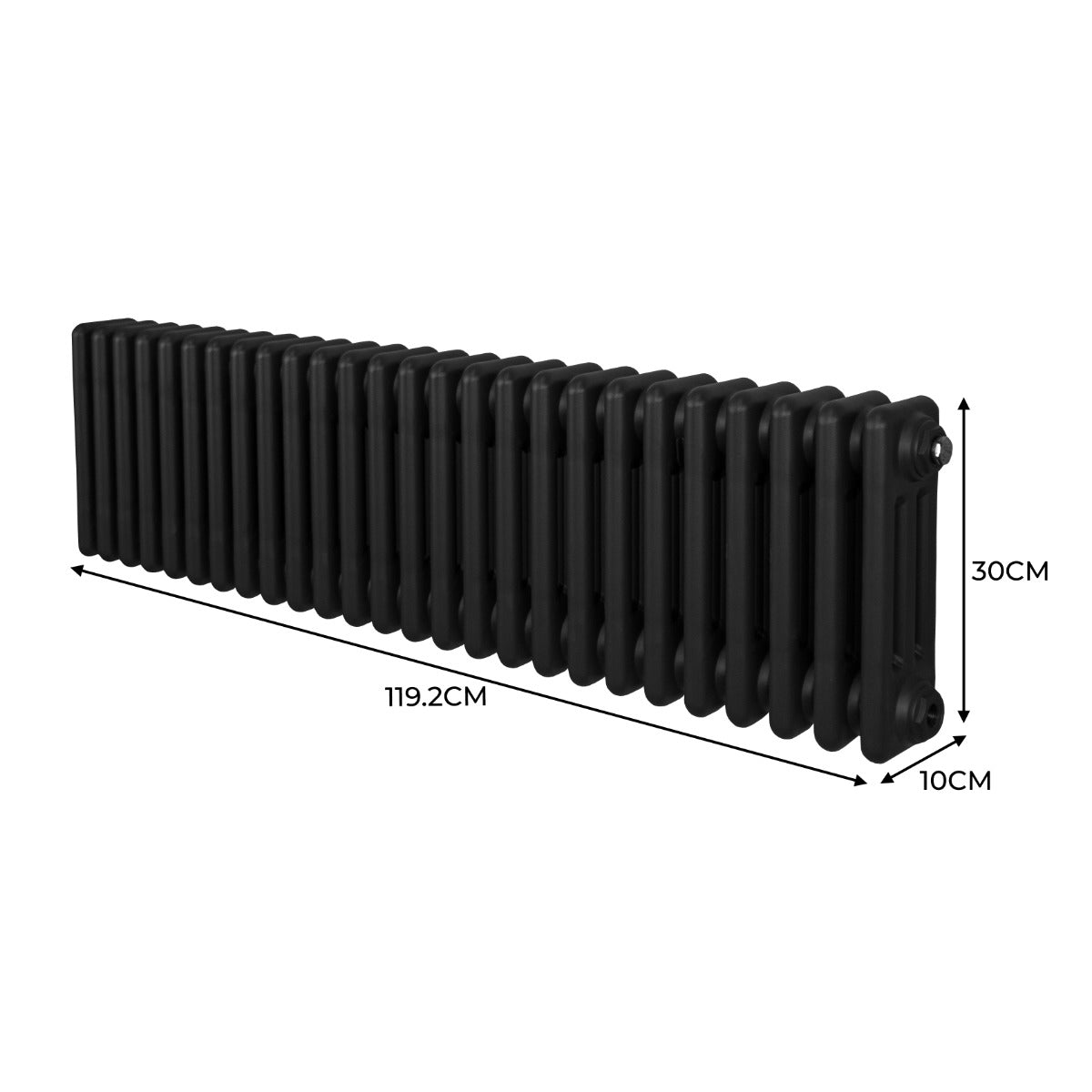 Traditioneller 3-Spalten-Heizkörper in Schwarz, 300 x 1192 mm, mit glatter Oberfläche und robustem, langlebigem Design für effiziente Wärmeverteilung