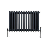 Traditioneller 3-Spalten-Heizkörper in Anthrazitgrau, 600 x 832 mm, mit glatten, runden Röhren und stabilen, verchromten Füßen