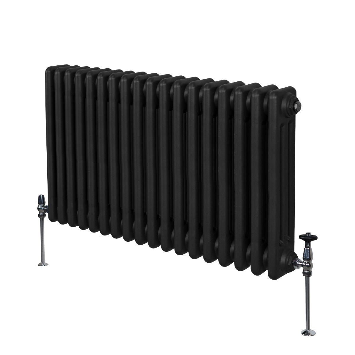 Traditioneller 3-Spalten-Heizkörper in Schwarz, 600 x 832 mm, mit glatter Oberfläche und stabilen Füßen für effiziente Wärmeabgabe