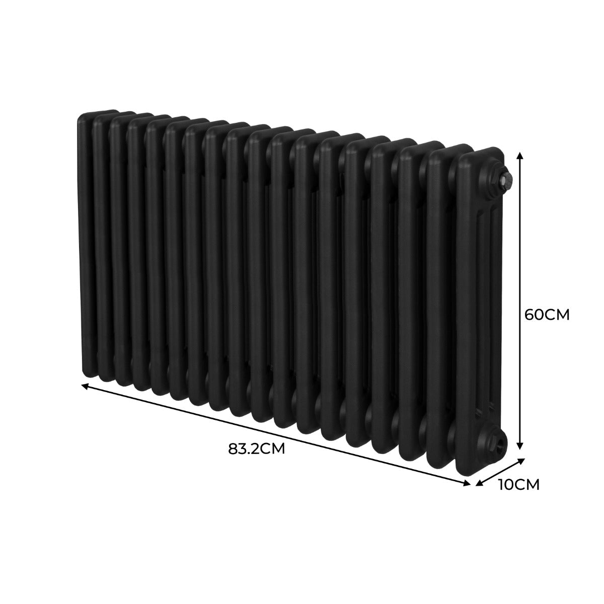 Traditioneller 3-Spalten-Heizkörper in Schwarz, 600 mm hoch, 832 mm breit, mit glatter Oberfläche und robustem, klassischem Design für effiziente Wärmeabgabe