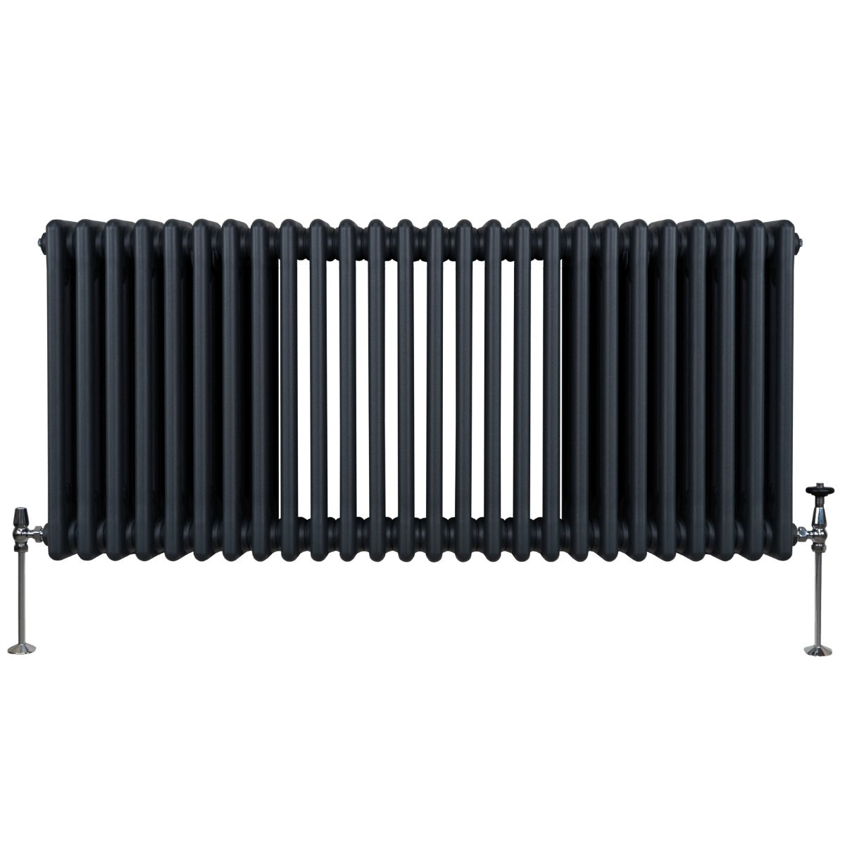 Traditioneller 3-Spalten-Heizkörper in Anthrazitgrau, 600 x 1192 mm, mit glatten, runden Röhren und stabilen, verchromten Ventilen