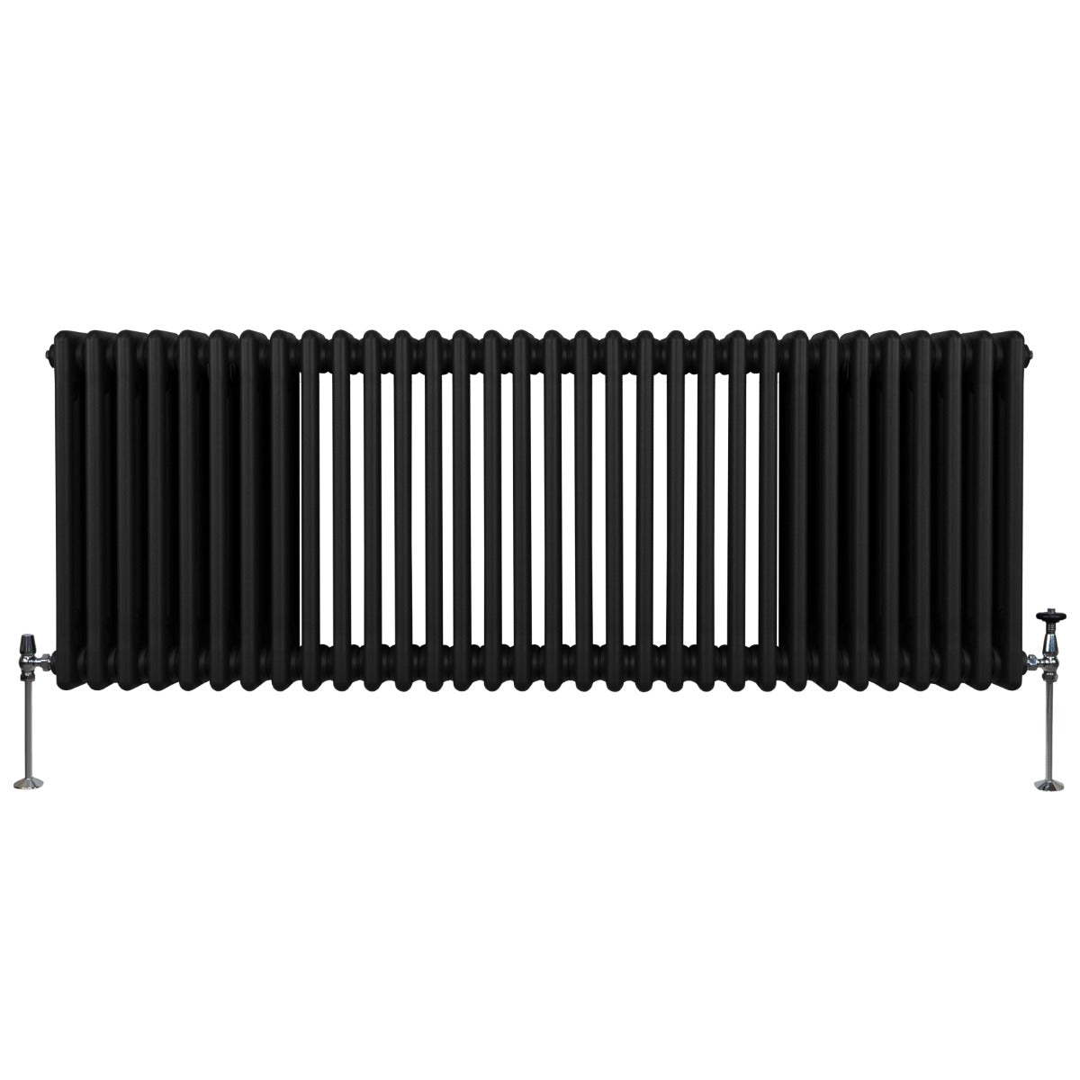 Traditioneller 3-Spalten-Heizkörper in Schwarz, 600 x 1462 mm, mit geripptem Design und stabilen Füßen, ideal für moderne Innenräume