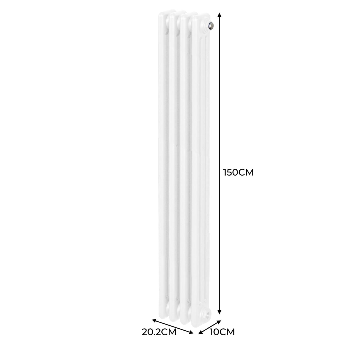 Traditioneller 3-Spalten-Heizkörper in Weiß, 1500 x 202 mm, mit glatter Oberfläche und eleganter, vertikaler Form für effiziente Wärmeverteilung