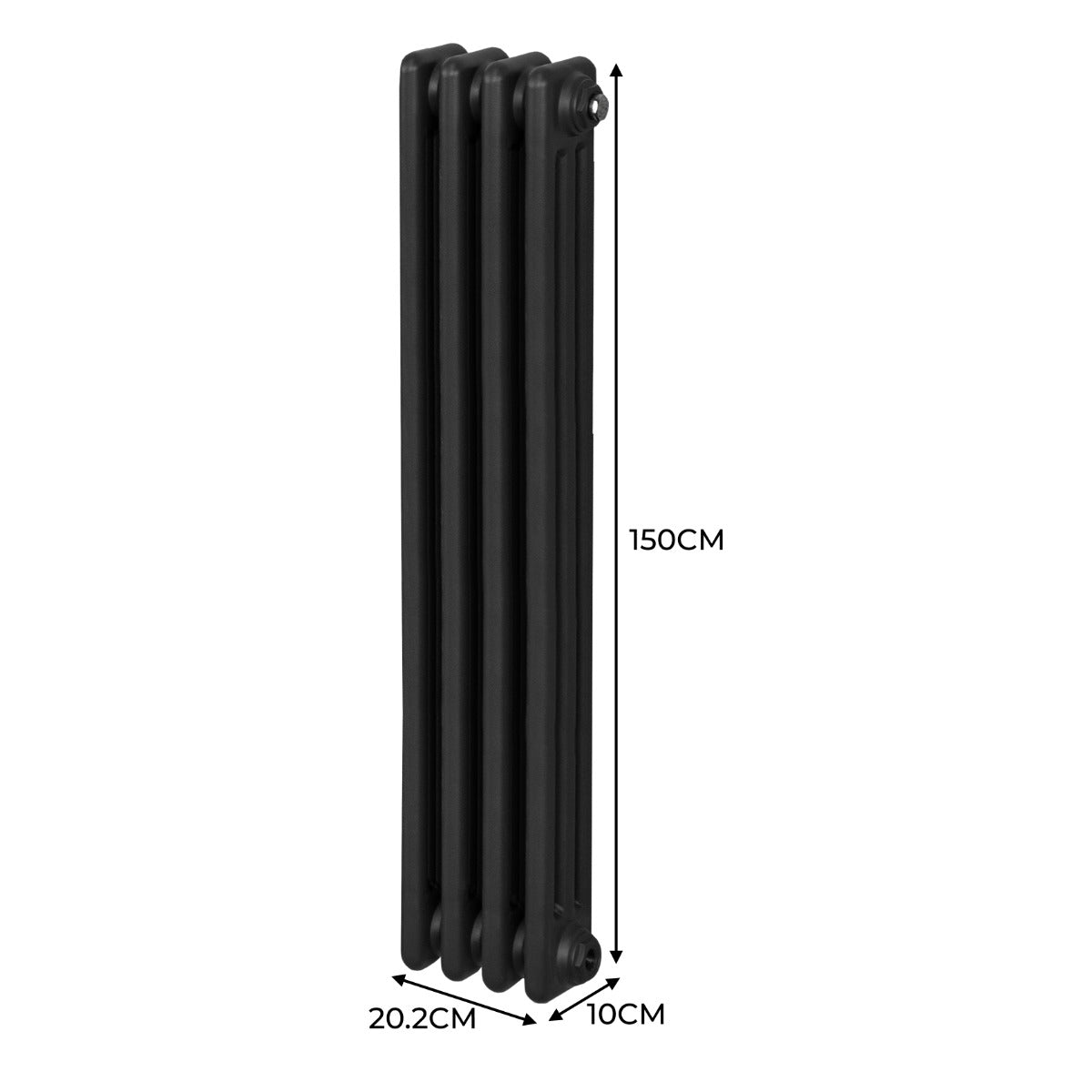 Traditioneller 3-Spalten-Heizkörper in elegantem Schwarz, 1500 x 202 mm, mit glatter Oberfläche und kompaktem Design, ideal für moderne Wohnräume