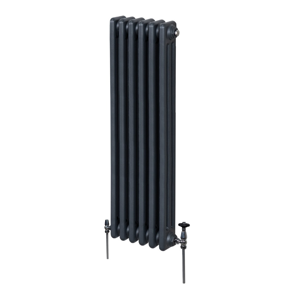 Traditioneller 3-Spalten-Heizkörper in Anthrazitgrau, 1500 x 292 mm, mit glatten, runden Röhren und verchromten Ventilen für stilvolle Wärme