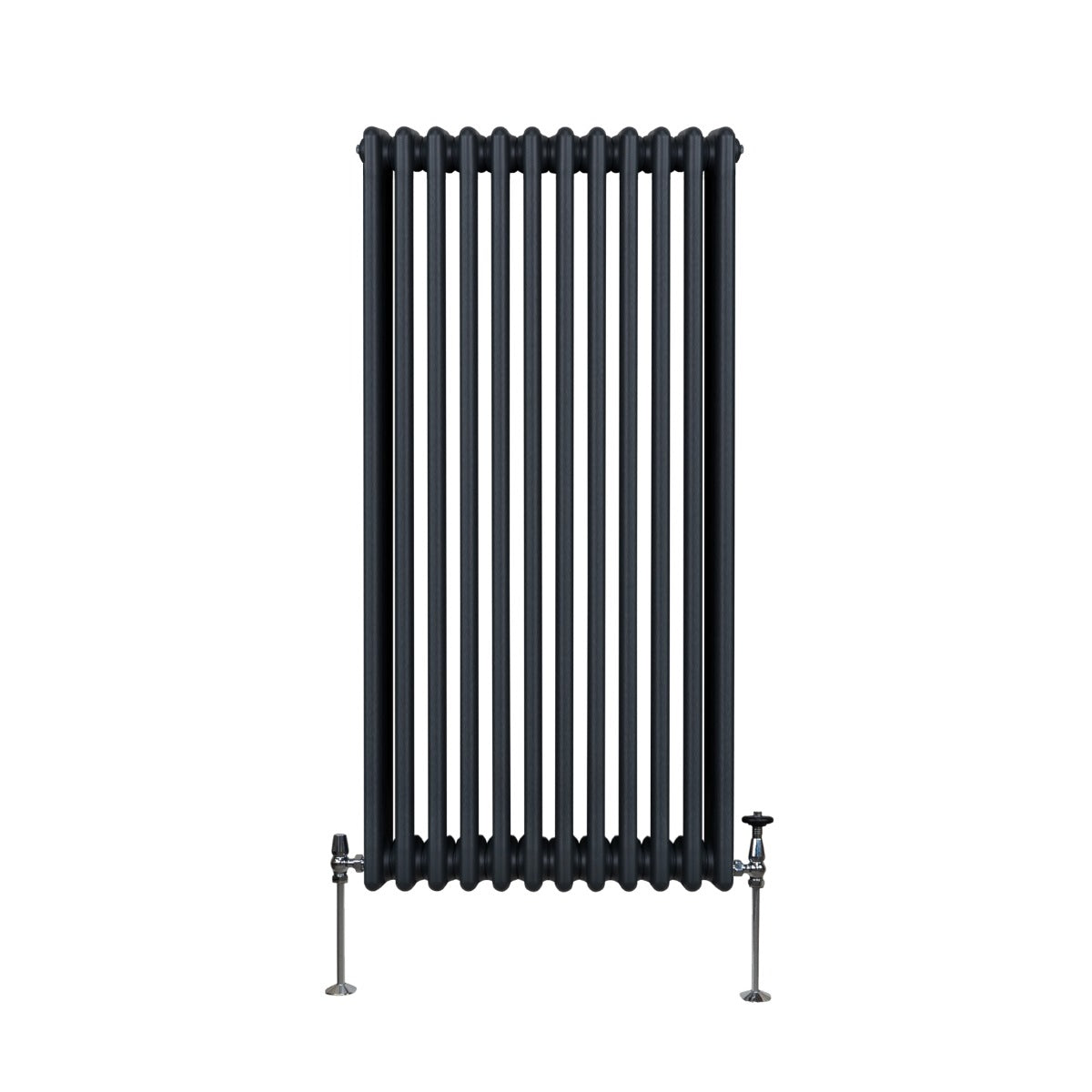 Traditioneller 3-Spalten-Heizkörper in Anthrazitgrau, 1500 x 562 mm, mit glatten, runden Rohren und stabilen Füßen für effiziente Wärmeabgabe