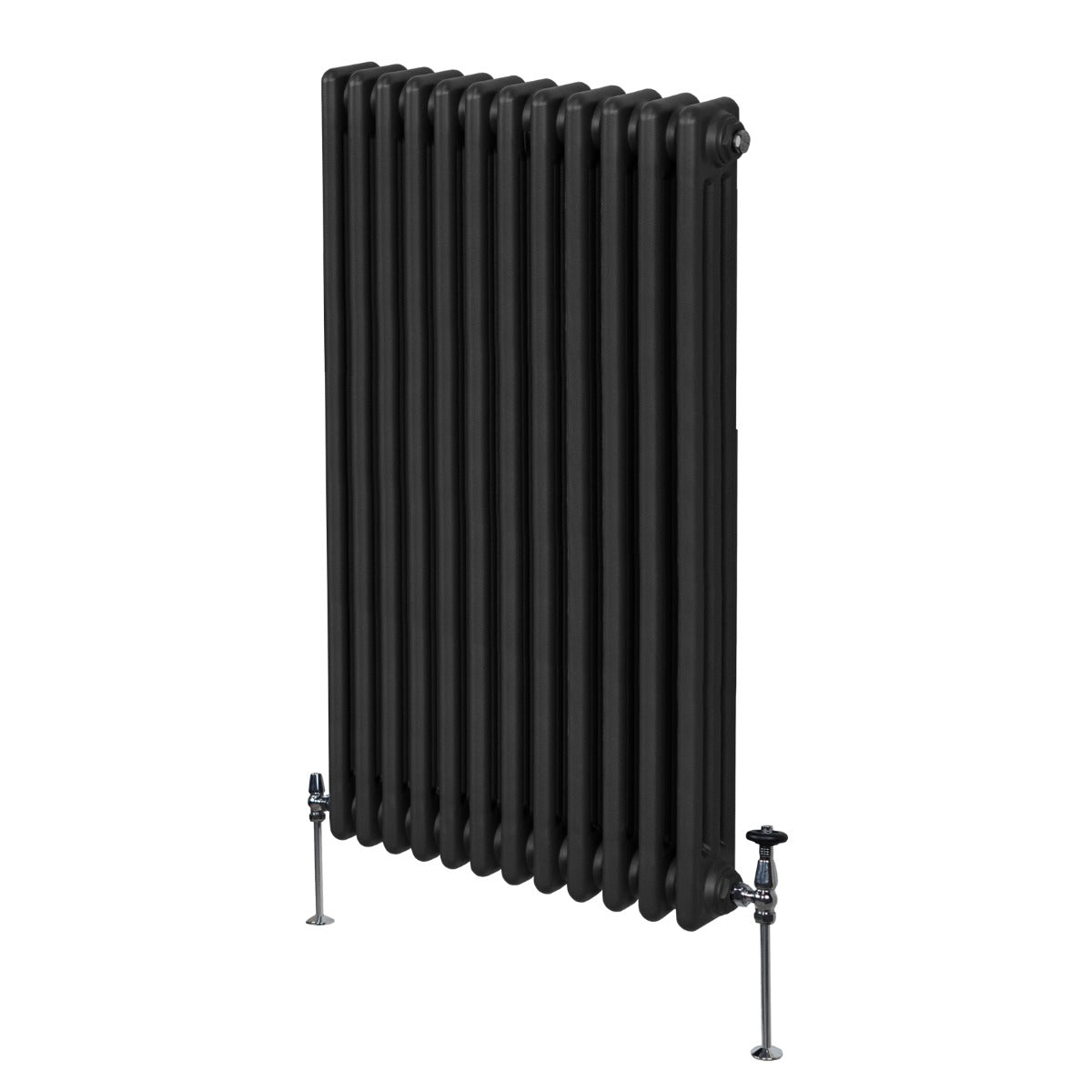 Traditioneller 3-Spalten-Heizkörper in Schwarz, 1500 x 562 mm, mit glatter Oberfläche und robusten, verchromten Ventilen für effiziente Wärmeabgabe