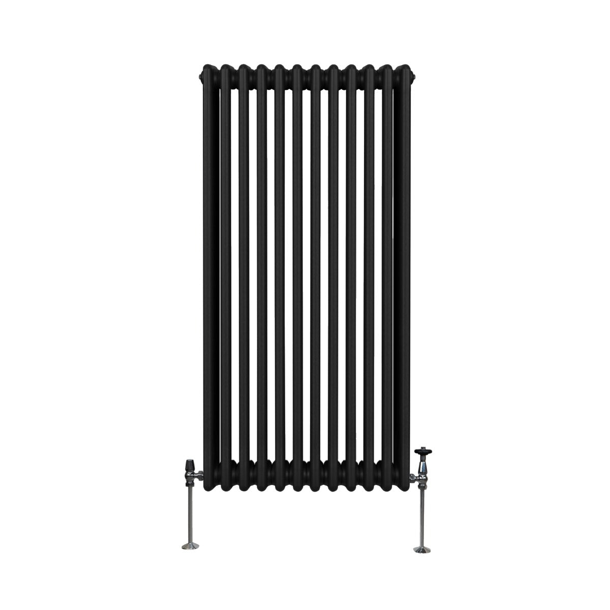 Traditioneller 3-Spalten-Heizkörper in elegantem Schwarz, 1500 x 562 mm, mit glatten, vertikalen Röhren und stabilen Füßen aus Metall