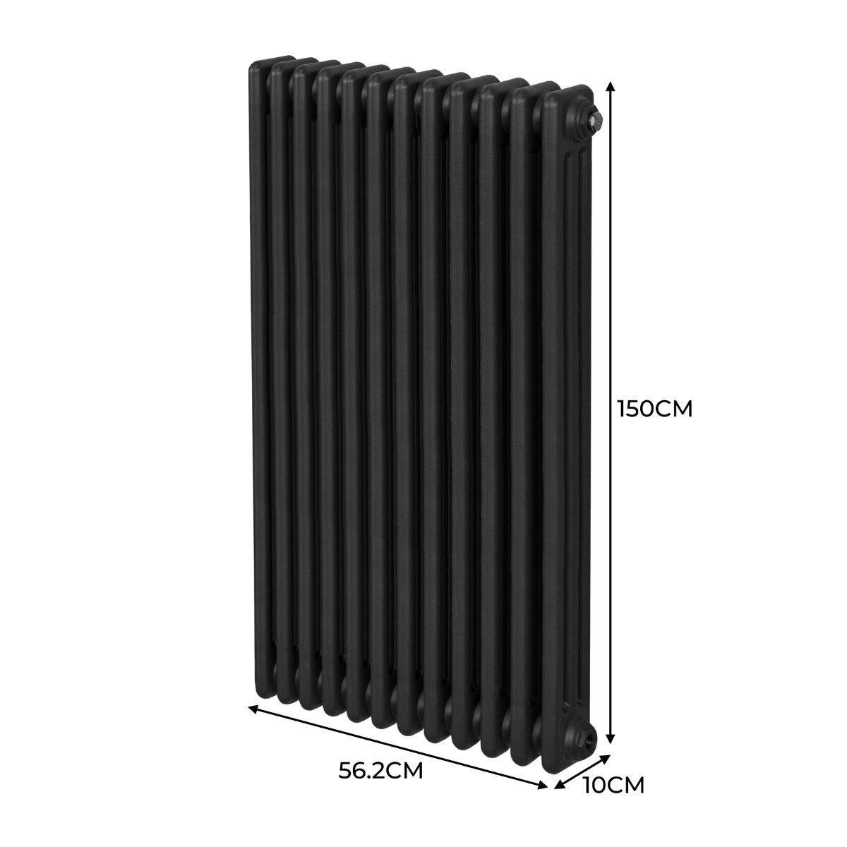 Traditioneller 3-Spalten-Heizkörper in Schwarz, 1500 x 562 mm, mit glatter Oberfläche und eleganten, runden Kanten für stilvolle Wärmeverteilung