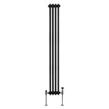Traditioneller 3-Spalten-Heizkörper in elegantem Schwarz, 1800 x 202 mm, mit glatten, vertikalen Röhren und verchromten Ventilen für modernes Wohndesign