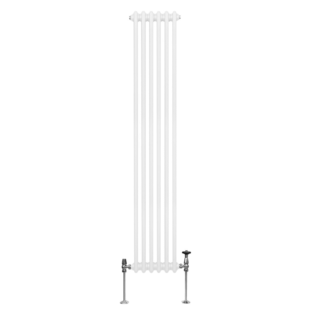 Traditioneller 3-Spalten-Heizkörper in Weiß, 1800 x 292 mm, mit glatten, runden Rohren und verchromten Ventilen, ideal für moderne Innenräume