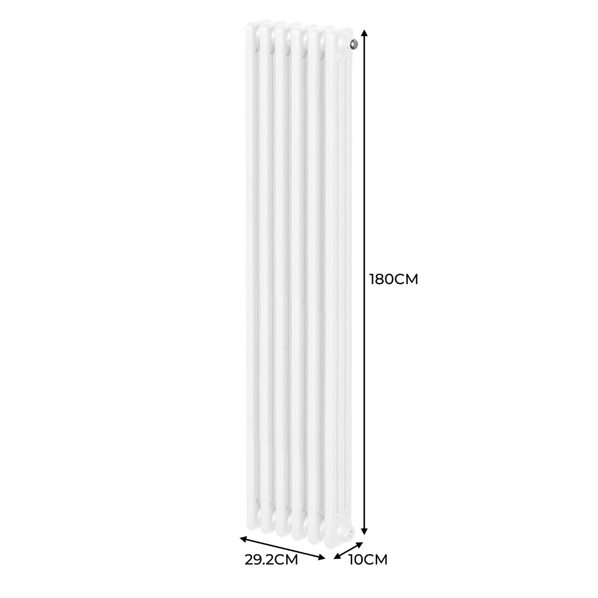 Traditioneller 3-Spalten-Heizkörper in Weiß, 180 cm hoch und 29,2 cm breit, mit glatter, glänzender Oberfläche und eleganter, vertikaler Form