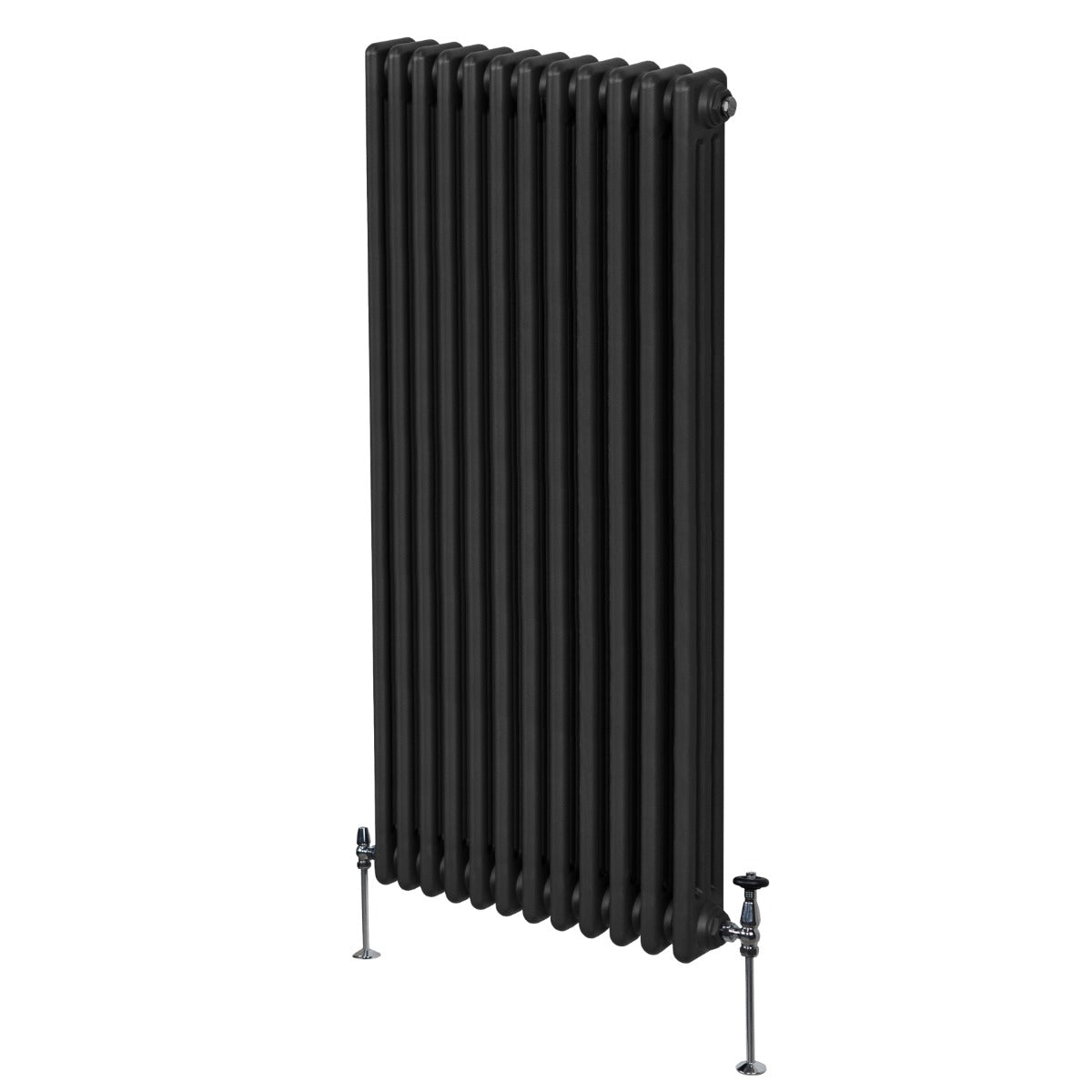 Traditioneller 3-Spalten-Heizkörper in Schwarz, 1800 x 562 mm, mit vertikalen Lamellen und stabilen Standfüßen aus Metall