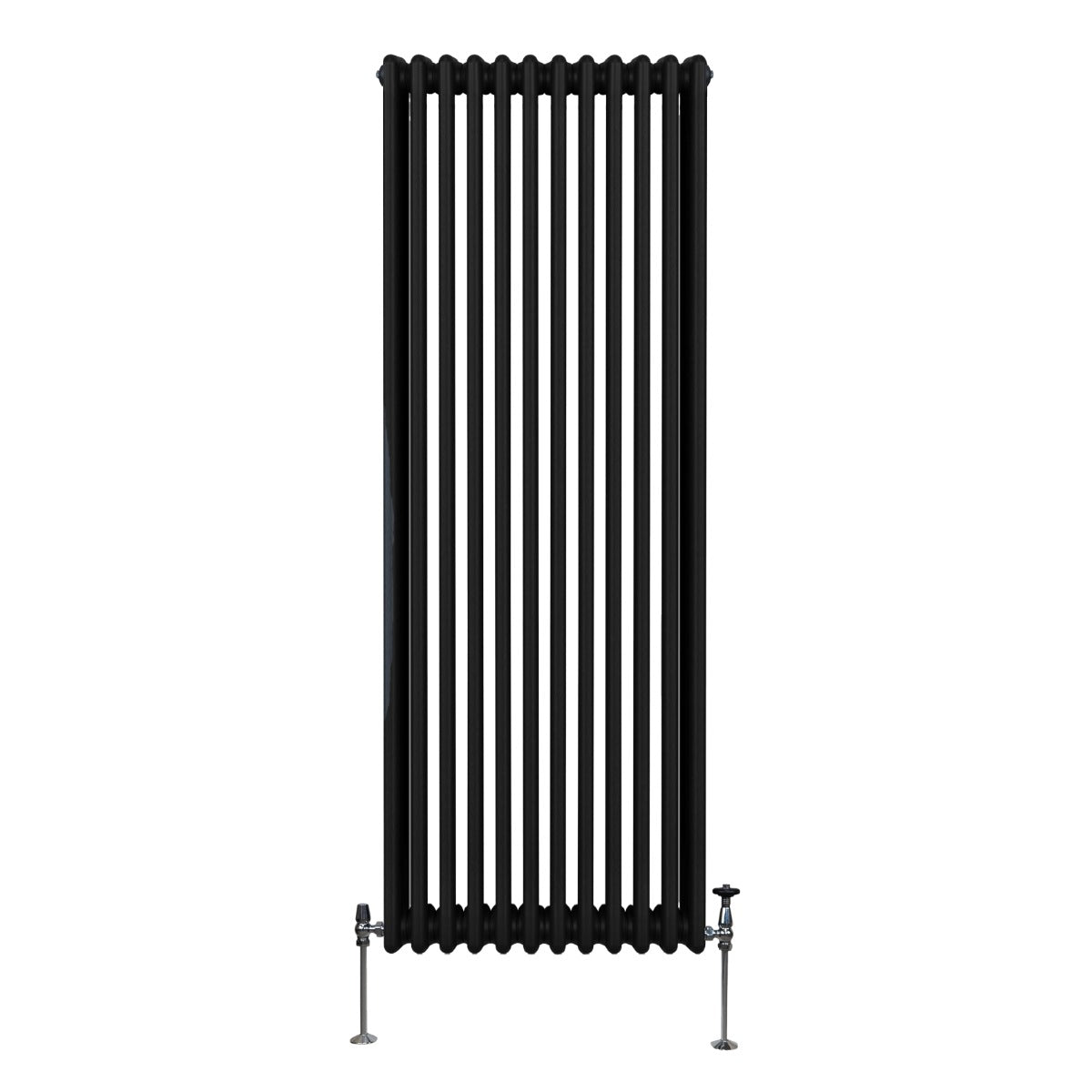 Traditioneller 3-Spalten-Heizkörper in elegantem Schwarz, 1800 x 562 mm, mit glatten, runden Rohren und stabilen Fußventilen aus Metall