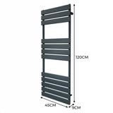 Flachheizkörper für Handtücher in Anthrazitgrau, 1200mm x 450mm, mit horizontalen Lamellen und modernem, schlankem Design für stilvolle Badezimmerheizung