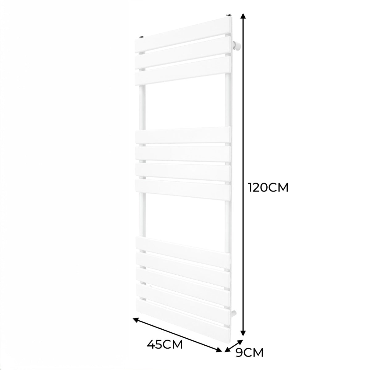Flachheizkörper für Handtücher in Weiß, 1200mm x 450mm, mit glatten, horizontalen Lamellen und modernem, minimalistischen Design
