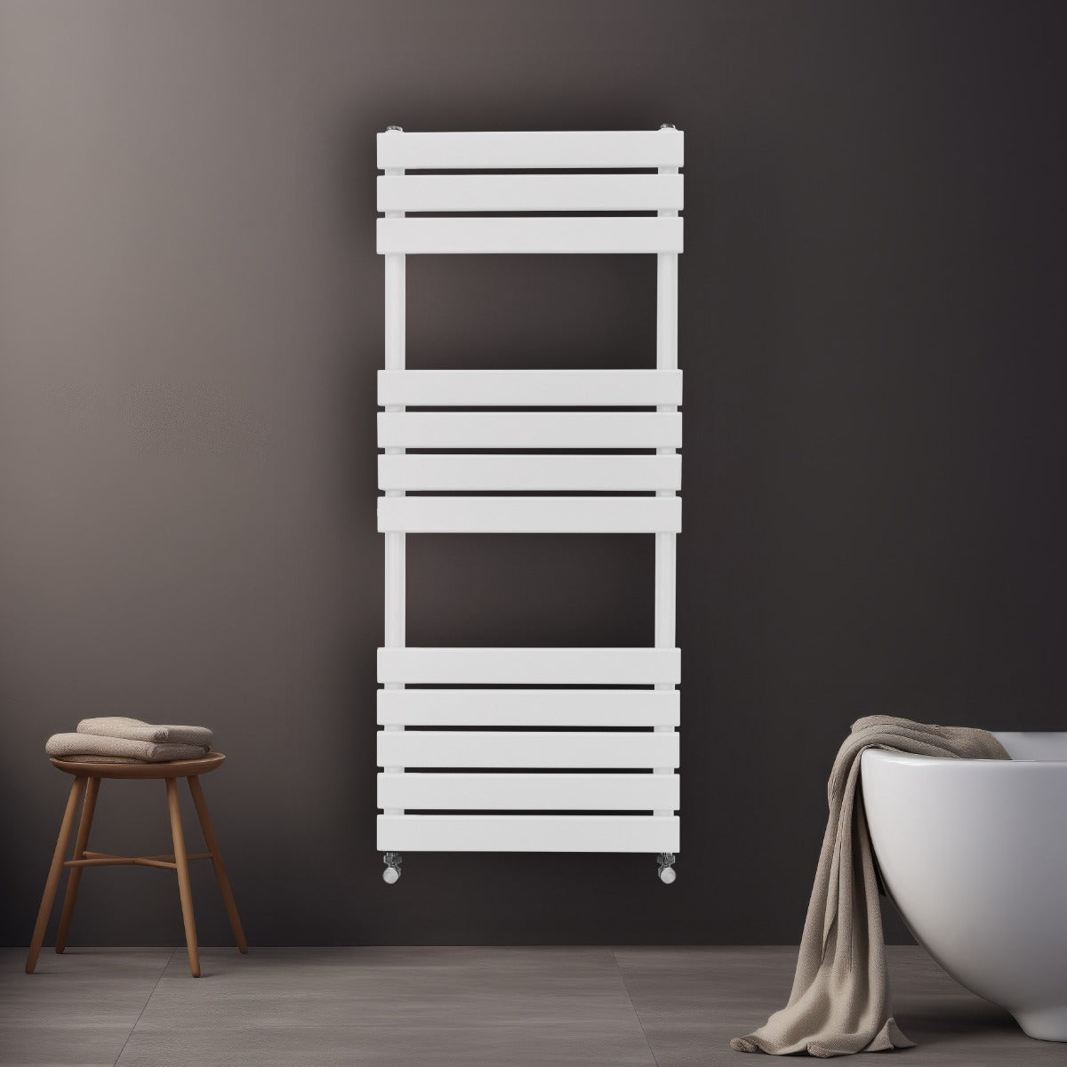 Flachheizkörper für Handtücher in Weiß, 1200mm x 450mm, mit horizontalen Lamellen und modernem Design, ideal für Badezimmer und Wohnräume
