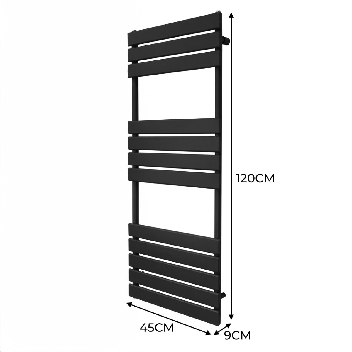 Schwarzer Flachheizkörper für Handtücher, 1200mm x 450mm, mit horizontalen Lamellen und modernem, schlankem Design, ideal für Badezimmer