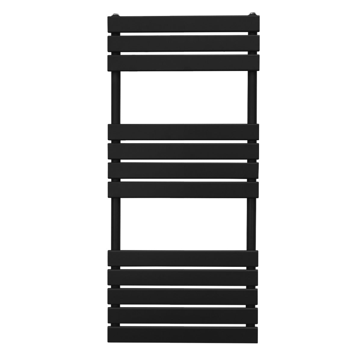 Schwarzer Flachheizkörper für Handtücher, 1200mm x 500mm, mit schlankem, modernem Design und horizontalen Lamellen für effiziente Wärmeverteilung