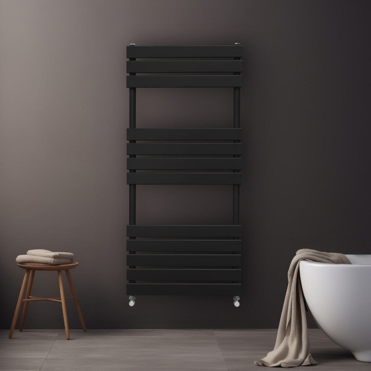Schwarzer Flachheizkörper für Handtücher, 1200mm x 500mm, mit modernem, schlankem Design und glatter Oberfläche, ideal für Badezimmer und Wohnräume