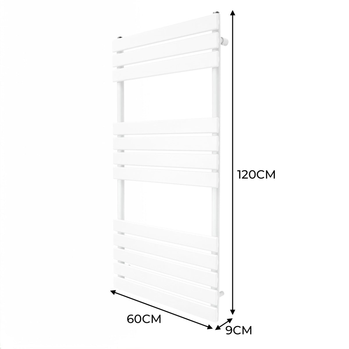 Flachheizkörper für Handtücher in Weiß, 1200mm x 600mm, mit drei horizontalen Lamellen und schlankem, modernem Design für effiziente Wärmeverteilung