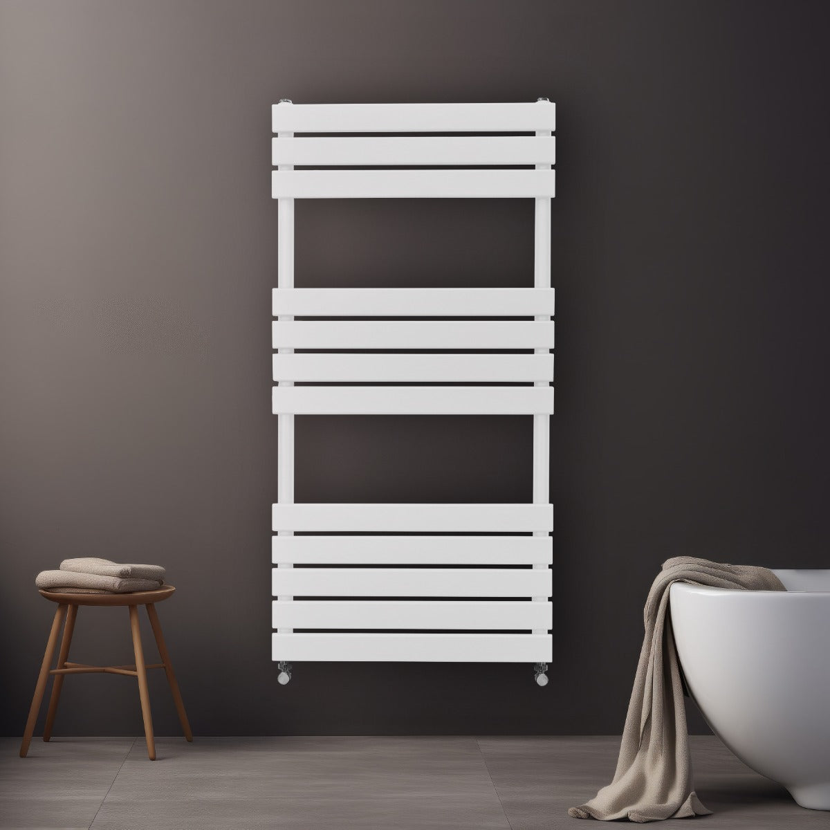 Flachheizkörper für Handtücher in Weiß, 1200mm x 600mm, mit horizontalen Lamellen, modernem Design und glatter Oberfläche, ideal für Badezimmer