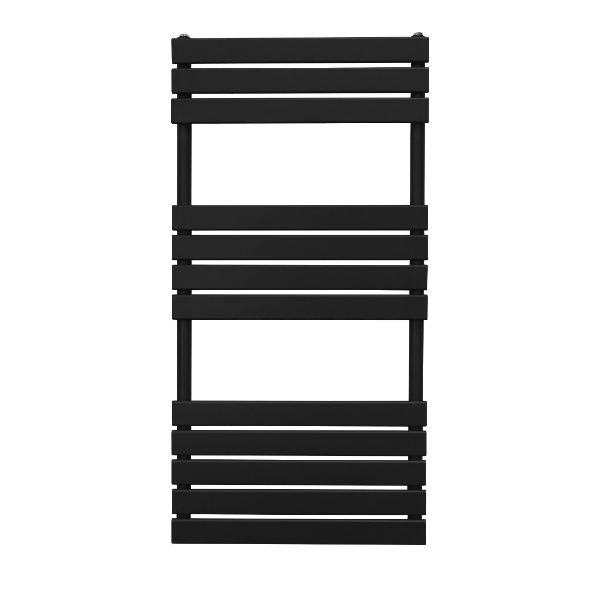Schwarzer Flachheizkörper für Handtücher, 1200mm x 600mm, mit schlanken, horizontalen Lamellen und modernem, minimalistischen Design