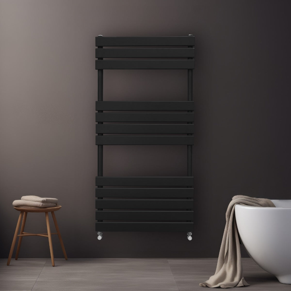 Schwarzer Flachheizkörper für Handtücher, 1200mm x 600mm, mit modernem, schlankem Design und glatter Oberfläche, ideal für Badezimmer und Wohnräume
