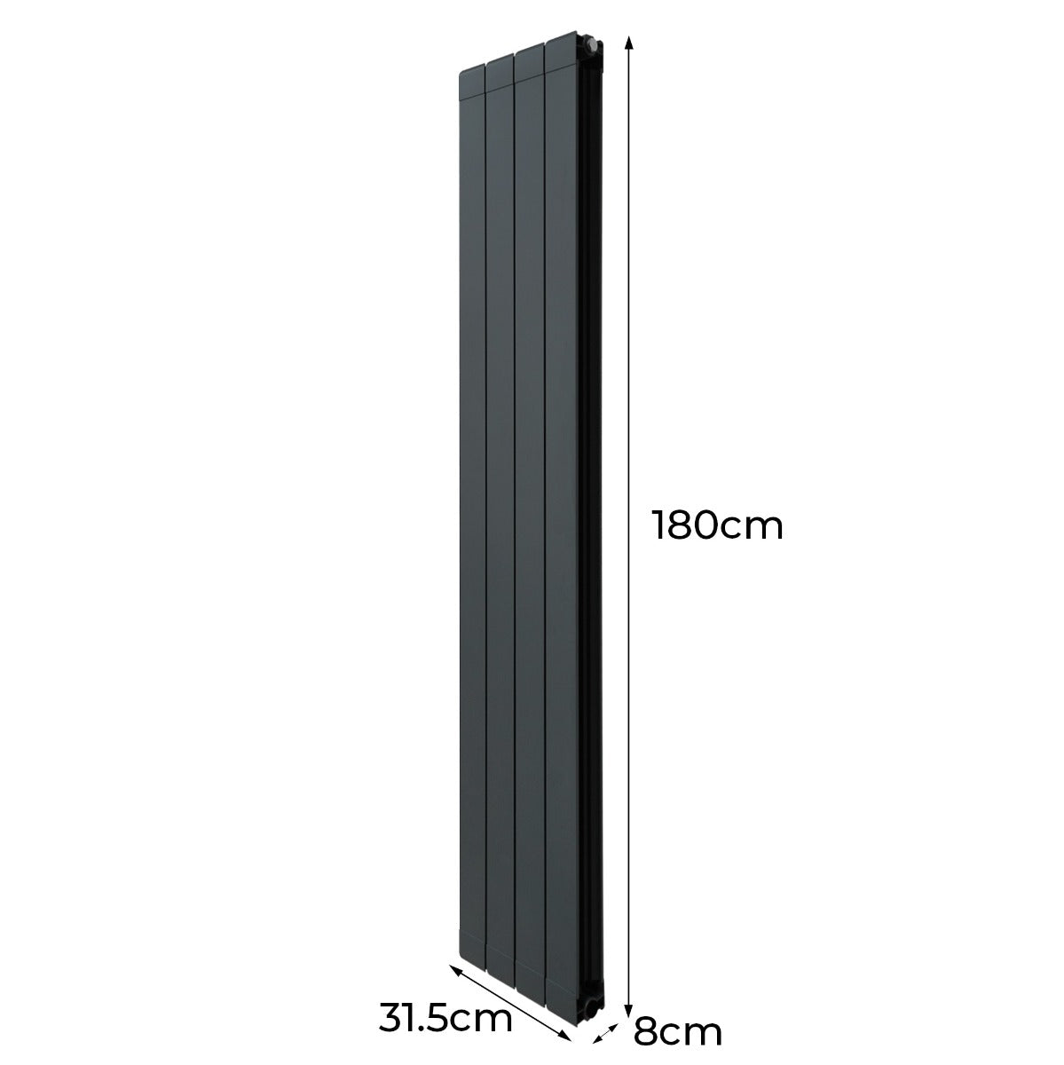 Anthrazitgrauer Aluminium Paneelheizkörper mit schlankem Design, 1800mm hoch und 315mm breit, ideal für moderne Innenräume
