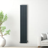 Anthrazitgrauer Aluminium Paneelheizkörper mit schlankem Design, 1800mm x 315mm, an einer hellen Wand, umgeben von einer Pflanze und einem Sofa