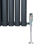 Chromatisches Thermostatventil mit glänzender Oberfläche, elegant geformt, montiert an einem modernen, schwarzen Heizkörper mit vertikalen Rohren