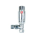 Chromfarbene Thermostatventile mit glänzender Oberfläche, runder Form und präzisen Anschlüssen für eine einfache Installation und optimale Temperaturregelung