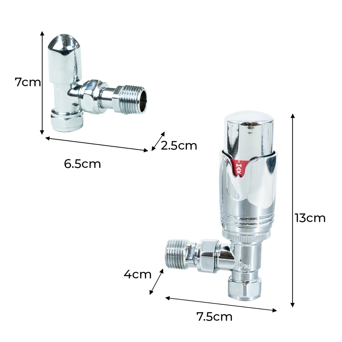 Chromatische Thermostatventile mit glänzender Oberfläche, verschiedenen Größen und präzisen Maßen, ideal für Heizungsinstallationen