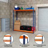 S-Rax Regal mit zwei stabilen Böden in Orange und Blau, ideal für Lagerung, mit 300 kg Kapazität pro Regal, schraubenlose Montage, robustes Design
