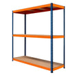 S-Rax Regal mit drei stabilen Böden in Orange und Blau, aus robustem Metall, ideal für Lagerung und Organisation in Werkstätten oder Garagen