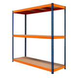 S-Rax Regal mit drei stabilen Böden in Orange und Blau, aus robustem Metall, ideal für Lagerung und Organisation in Werkstätten oder Garagen