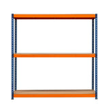 S-Rax Regal mit drei stabilen Böden in orange und blauen Metallrahmen, ideal für Lagerung und Organisation in Werkstätten oder Garagen