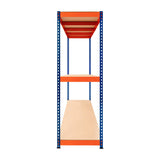 S-Rax Regal mit drei stabilen Böden in Orange und blauen Metallrahmen, ideal für Lagerung und Organisation in Werkstätten oder Garagen