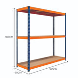 S-Rax Regal mit drei stabilen Böden in Orange und Blau, Maße 180cm x 180cm x 60cm, ideal für Lagerung und Organisation von Gegenständen