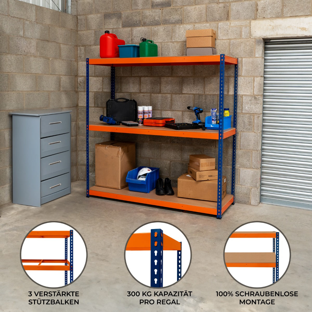 S-Rax Regal mit 3 stabilen Böden in Orange und Blau, ideal für Werkstätten, mit robusten Stützbalcken und 300 kg Tragfähigkeit pro Regal