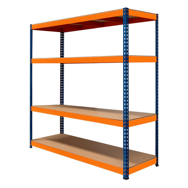 S-Rax Regal mit 4 Böden in Orange und Blau, 180cm hoch, 180cm breit, 60cm tief, stabiler Metallrahmen mit robusten, glatten Holzregalen