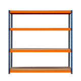 S-Rax Regal mit 4 stabilen Böden, orangefarbene Regalböden und blauer Metallrahmen, ideal für Lagerung und Organisation in Werkstätten oder Garagen